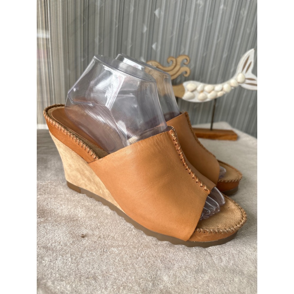 Aerosoles Tan Leather Whipstitch Wedge Sandals Peep Toe Womens 9.5 M-see pics